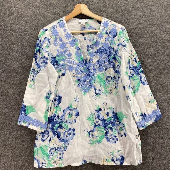 Charter Club Blouse Women M Medium White Floral V-Neck 3/4 Sleeve Linen Casual - Picture 4 of 8